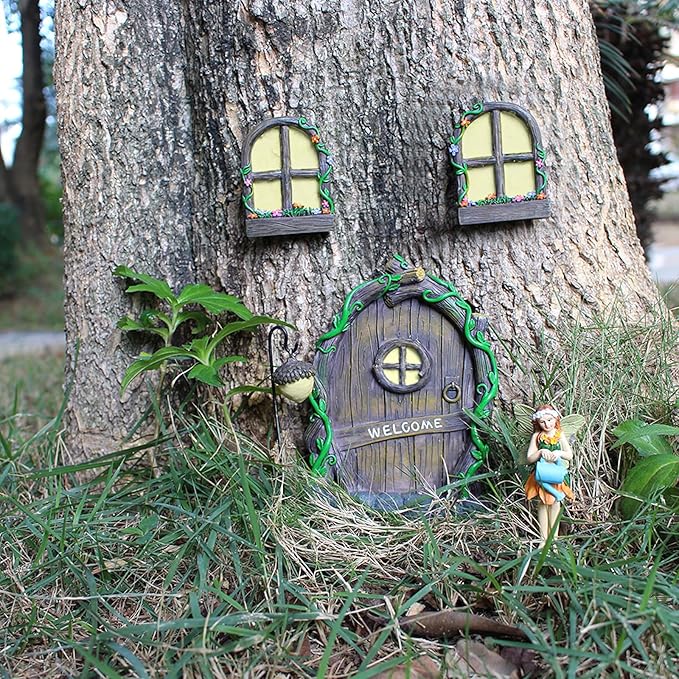 Fairy Door and Windows Garden Kit Accessories Outdoor, Glow in Dark Gnome House for Tree, Lawn Yard Art Sculpture, Miniature Garden Decor (Gnome)