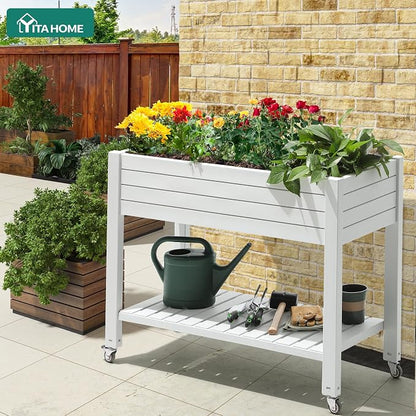 YITAHOME Raised Garden Bed with Wheels 43.3x17.7x34 in Raised Planter Box with Legs, Drain Plug and Storage Shelf, Elevated Planter Box for Plants Vegetables Flowers Herbs, White
