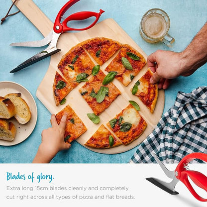 Dreamfarm Scizza 2-In-1 Easy Ergonomic Pizza Scissors with Stainless Steel Pizza Cutter Blades & Non-Stick Slice Server - Red | Cuts and serves pizza with non-scratch, heat resistant serving base, spring-loaded German stainless steel blades