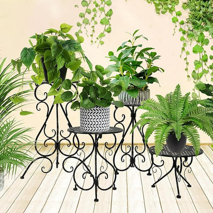 4-Pack Metal Plant Stand for Indoor Outdoor, Heavy Duty Flower Pot Stands for Multiple Plants, Rustproof Iron Planter Holder Display Shelf for Patio Home Garden Porch Balcony(Black)