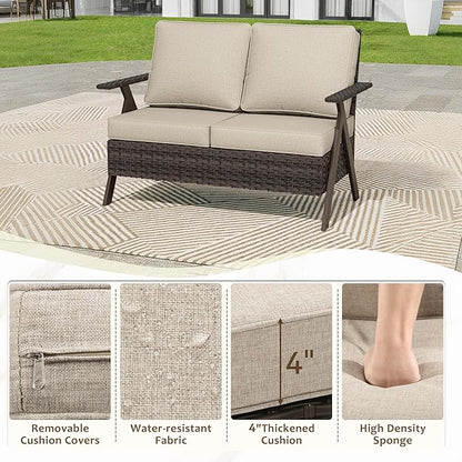 Patio Loveseat, All-Weather Wicker Rattan 2 Seater Sofa with Cushions, Outdoor Patio Furniture Sofa Set for Patio, Balcony, Backyard, Deck, Poolside