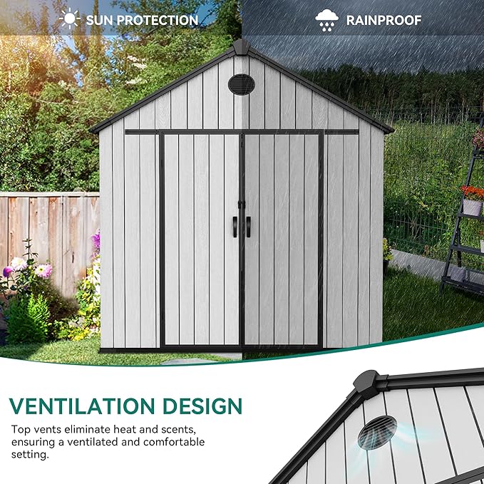 YITAHOME 8x16 FT Outdoor Storage Shed with Floor, Waterproof Plastic Garden Shed with Lockable Doors, 2 Vents & 3 Windows, 875 cu. ft. Resin Shed for Tools, Bikes, Patio or Backyard, Gray