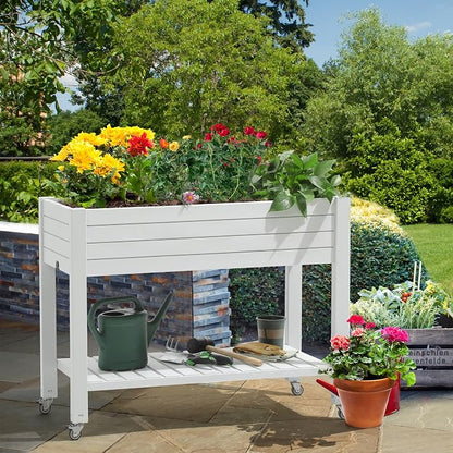YITAHOME Raised Garden Bed with Wheels 43.3x17.7x34 in Raised Planter Box with Legs, Drain Plug and Storage Shelf, Elevated Planter Box for Plants Vegetables Flowers Herbs, White
