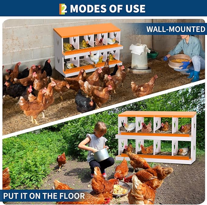 8-Compartment Chicken Nesting Box with Removable Tray - Metal Laying Boxes for Hens - Egg Rollaway Design, Wall Mount Farm Fresh Egg Collector, Hen Roosting Boxes for Chicken Coops