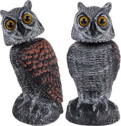 Hausse 2 Pack Bird Scarecrow Fake Owl Decoy Sculpture, Rotating Head Plastic Owl Bird Deterrents, 10.6 Inch Height Nature Enemy Horned Pest Repellent for Outdoor Garden Yard