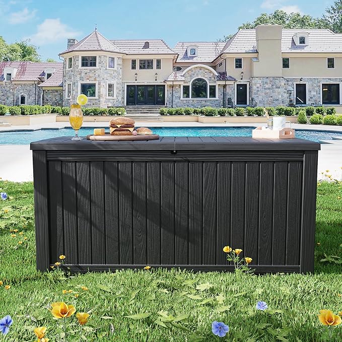 200 Gallon Waterproof Large Resin Deck Box Indoor/Outdoor Lockable Storage Container and Seating for Garden, Pool, and Patio (200 Gallon, Black)