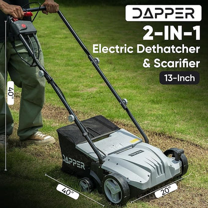 13-Inch 2-in-1 Electric Dethatcher and Scarifier Lawn Dethatcher with 8-Gallon Removable Thatch Collection Bag, 4-Position Depth Adjustment, 12 Amp, Quick-Fold, Keeps Lawn Healthy