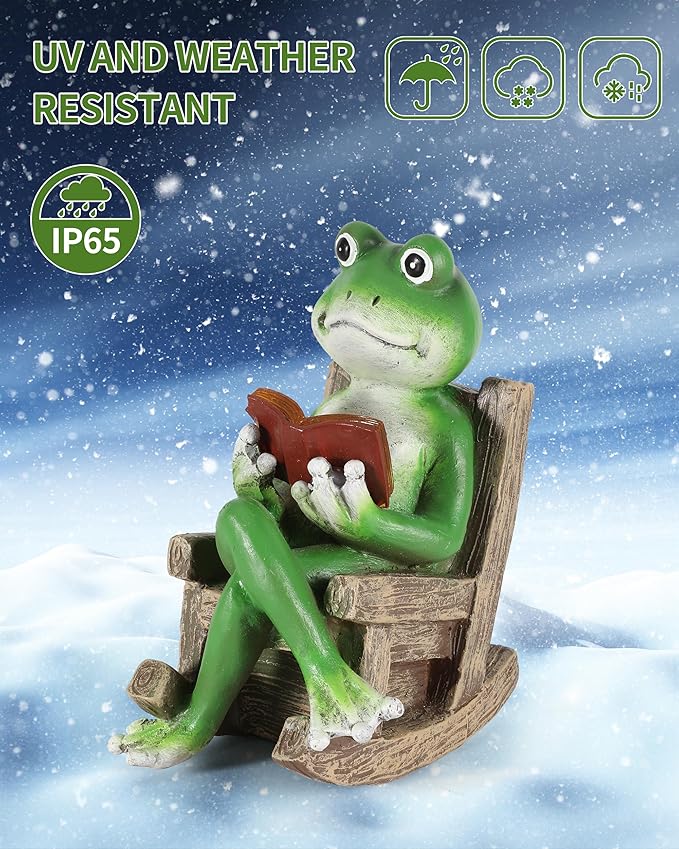iStatue Miniature Solar Frog Reading Book Figurine Light - 5.5'' Resin Chair Statue Outdoor Table Decor for Lawn Ornaments, Patio, Yard & Garden and Home