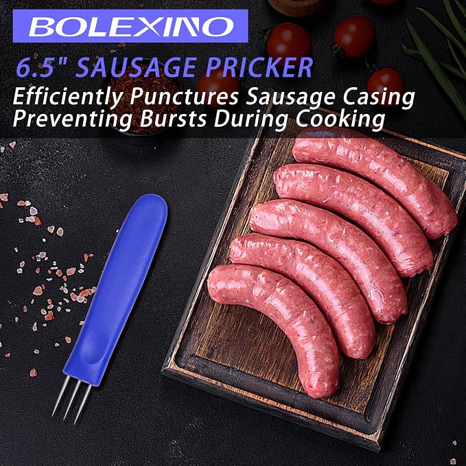 2 Pack 3-Prong Sausage Pricker, Stainless Steel Meat Needle Tool | 3-prong pricks prevent casing burst,Stainless steel, non-slip grip,2-pack for sausage making,Compact storage case included.