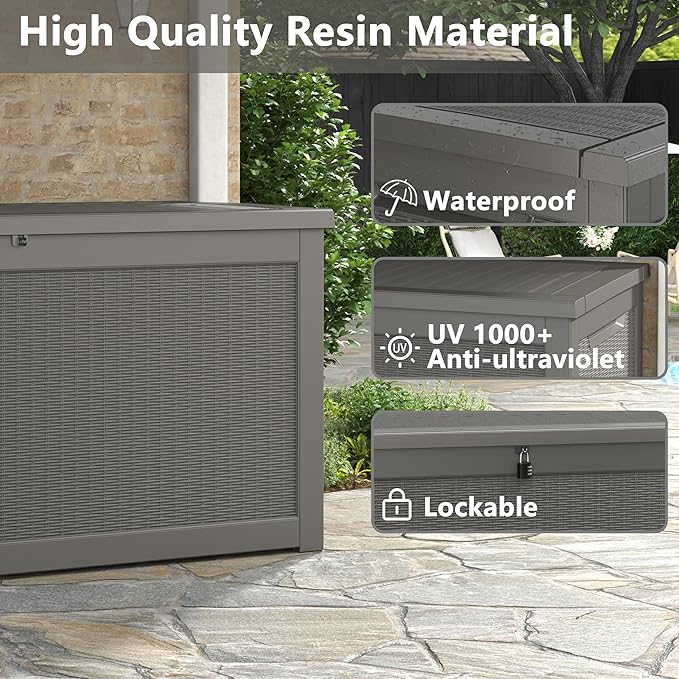 260 Gallon Resin Deck Box, Large Indoor and Outdoor Storage Box, Weatherproof and UV Resistant Outdoor Storage Box with Built-in Steel Beams for Patio Cushions, Pool Supplies