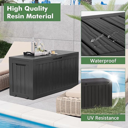 Outdoor Storage Box, Resin Deck Boxes Indoor and outdoor, Waterproof Storage Box Lockable Lid (Black, 73 Gallon)