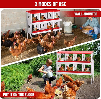 8 Holes Chicken Nesting Boxes, 2 Tiers 8 Compartments Metal Egg Laying Boxes with Legs, Wall Mount or Free Standing, Ventilated for Chickens, Hens, Ducks, Farm, Yard, Poultry Coop Accessories, Red