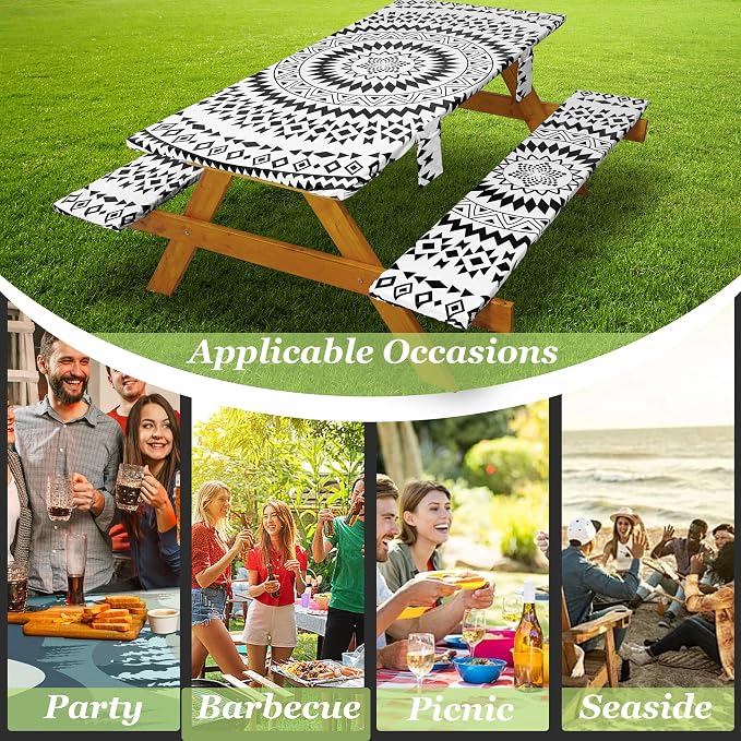 Fitted Picnic Table Cover with Bench Covers Vinyl Waterproof Elastic Edges Fitted Rectangle Tables Patio Tablecloth Camping Gear and Essentials Rv Accessories Road Trip Supplies Car Travel Must Haves