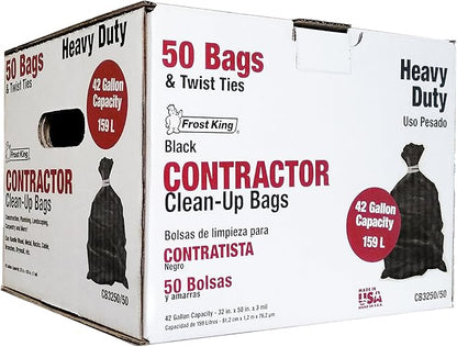 Frost King CB3250/50 Boxed Heavy Duty Contractor Clean, 32" x 50" x 3 mil, 32x50x3 Inch (Pack of 50), 50 Bags, Black