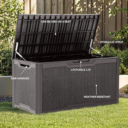YITAHOME 100 Gallon Resin Deck Box, Weather Resistant Outdoor Storage Box, Lockable Indoor Outdoor Storage for Supplies and Essentials, Dark Brown