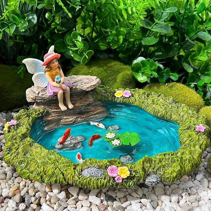Mood Lab Fairy Garden - Miniature Fish Pond & Fairy Figurine Kit - 2 pcs Set of Garden Accessories - Outdoor or House Decor
