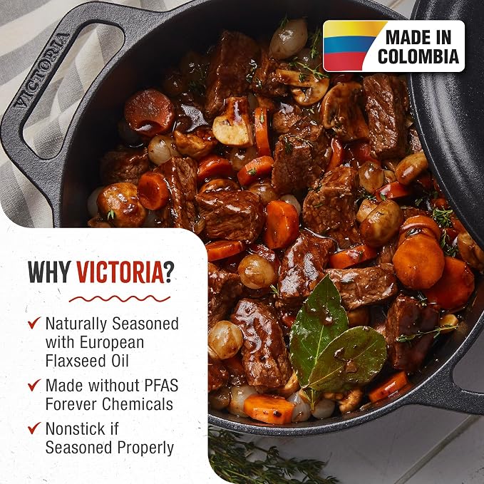 Victoria 6-Quart Cast Iron Dutch Oven with Lid and Dual Loop Handles, Seasoned with Flaxseed Oil, Made in Colombia,Black