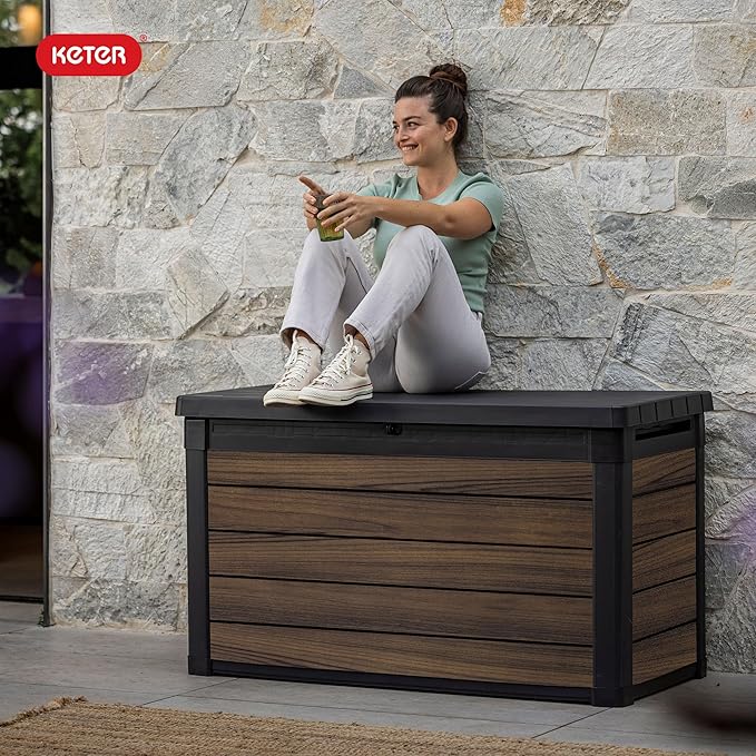 Keter Rosewood 100 Gallon Resin Deck Box Organization and Storage for Patio Furniture Outdoor Cushions, Throw Pillows, Garden Tools and Pool Toys