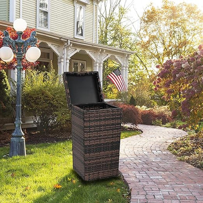 VINGLI Wicker Patio Trash Can, 27 Gallon Rattan Trash Can with Removable Lid, Outdoor Wicker Waste Basket, Wast Container (Brown)