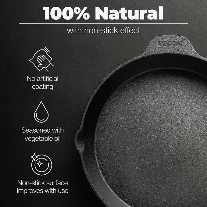 Classic Cast Iron Skillet 12 Inch | No PFAS I German-Engineered | Naturally Non-Stick Cast Iron Pan Set | Oven Safe Skillet | Cast Iron Cookware Set | 20-Year Refund I Steak Pan