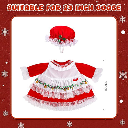 2 Pcs/Set Christmas Mrs. Claus Porch Goose Outfits, Lawn Goose Statue Mrs. Claus Costume, Red Green White Christmas Garden Goose Clothes Dress and Hat for 23" High Statue Xmas Holiday Patio Yard Decor