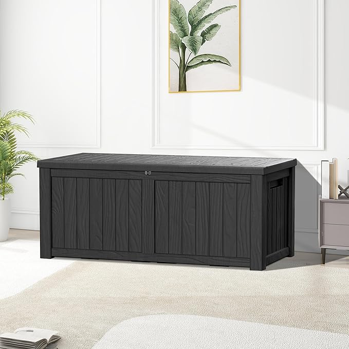 Extra-Large 150 Gallon Outdoor Chest Storage Waterproof - Outside Storage Box & Bench, Resin Deck Chest for Patio/Pool, Lockable UV-Resistant, Onyx Black