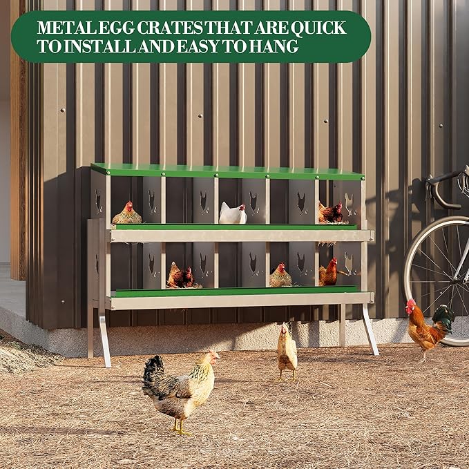 10 Holes Chicken Nesting Boxes, 2 Tiers 10 Compartments Metal Egg Laying Boxes with legs, Wall Mount or Free Standing, Ventilated for Chickens, Hens, Ducks, Farm, Yard, Poultry Coop Accessories, Green