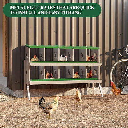 10 Holes Chicken Nesting Boxes, 2 Tiers 10 Compartments Metal Egg Laying Boxes with legs, Wall Mount or Free Standing, Ventilated for Chickens, Hens, Ducks, Farm, Yard, Poultry Coop Accessories, Green
