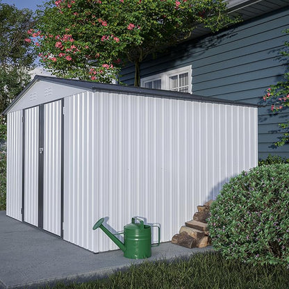 10X8 FT Outdoor Storage Shed, All Weather Metal Sheds with Lockable Doors, Tool Shed for Garden, Patio, Backyard, Lawn, White