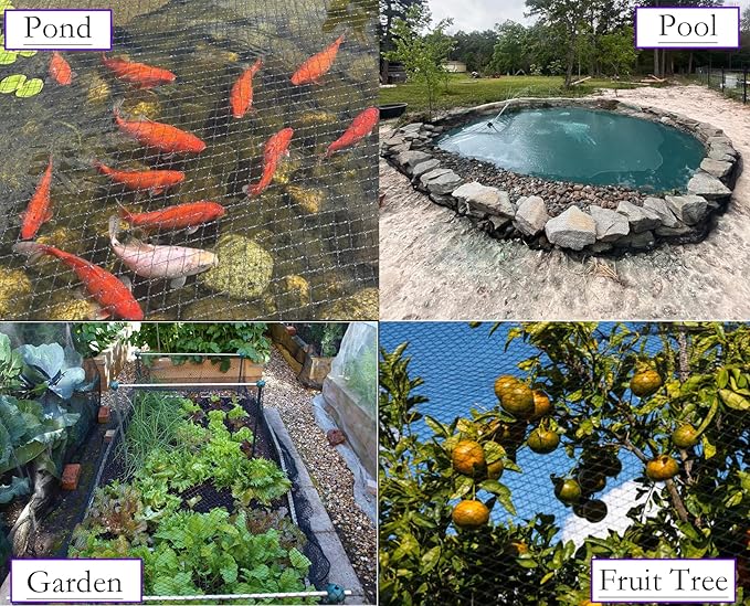 JUNFLYING 25x50 Ft Pond Netting for Leaves, 1/2 in Fine Mesh, Strong Woven Koi Fish Net Cover, Against Birds, Cats & Predators, Stakes Included