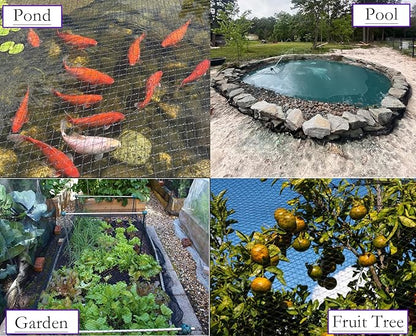 JUNFLYING 25x50 Ft Pond Netting for Leaves, 1/2 in Fine Mesh, Strong Woven Koi Fish Net Cover, Against Birds, Cats & Predators, Stakes Included
