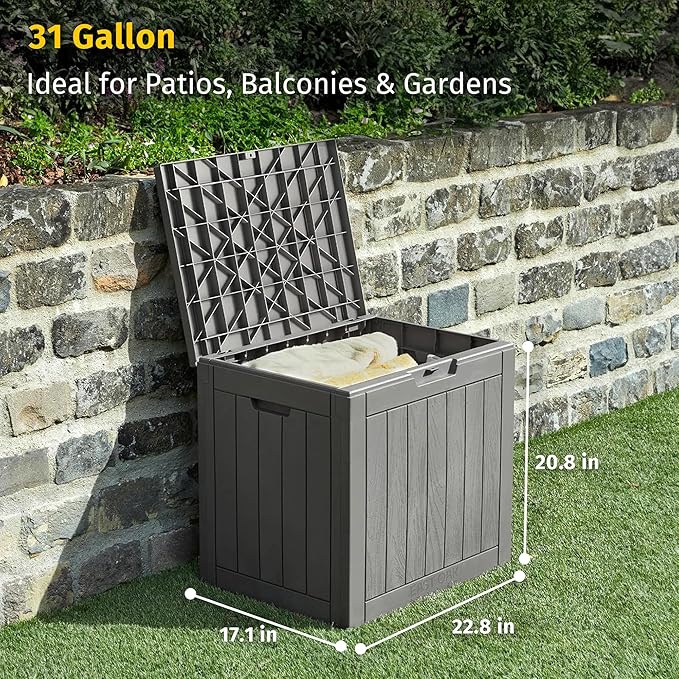 EAST OAK Outdoor Storage Box, 31 Gallon Deck Box Indoor and Outdoor Use, Waterproof Resin Storage Bin for Package Delivery, Patio Cushions, Gardening Tools, Lockable, UV Resistant, Grey