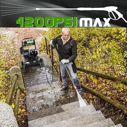 Professional 4200PSI 4GPM 196CC Gas Pressure Washer, Commercial Gas Power Washer with 5 Nozzles 25FT Hose Foam Bottle for Car Fence Driveway Yard (EPA/CARB/ETL Compliant), 2 Green Wheels