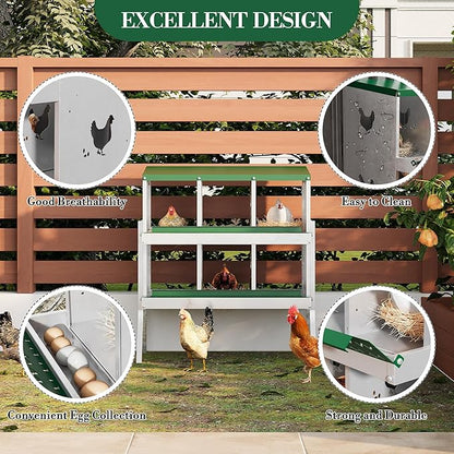 Chicken Nesting Boxes,6 Compartments Galvanized Steel Metal Laying Boxes with Leg,Pull-Out Egg Box Easy Egg Collection & Clean,Wall Mount Suitable for Farm Chicken House,Green