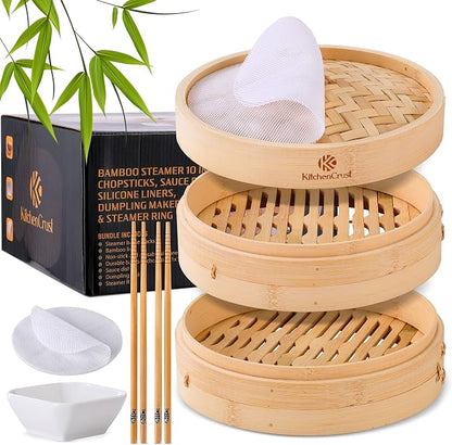 KITCHENCRUST Bamboo Steamer Basket for Chinese Asian Cuisine - 2 Tier 10-Inch Steaming Basket Bun Vegetable Bao Buns, Sauce Dish, Chopsticks, Reusable Liners