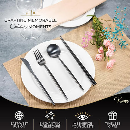 KiiZYs Matte Black Flatware Set - 14-piece Modern Silverware Set Stainless Steel Utensils - Metal Chopsticks Kitchen Cutlery Fork Spoon Knife - Dishwasher Safe House Warming Gift Box (Black, 2 Sets)