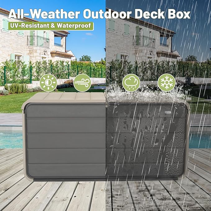 KUIKUI Deck Boxes Outdoor Waterproof, Large Outdoor Deck Box with Wheels Waterproof, 260 Gallon XXL Storage Box Lockable, Grey