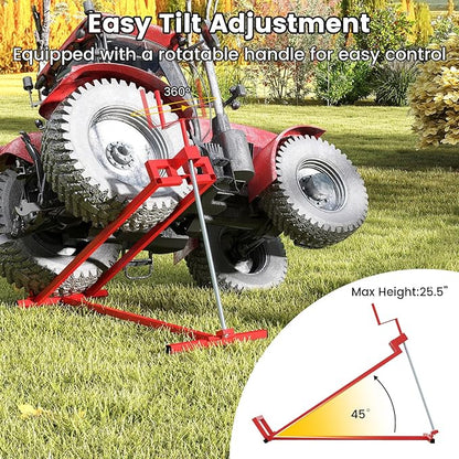 Goplus Lawn Mower Lift, 880LBS Folding Riding Mower Lift Jack with Adjustable Height, Manual Handle, Rotating Sleeve, Heavy Duty Lawn Tractor Lift, Zero Turn Mower Lift for Garden Farm, No Assembly