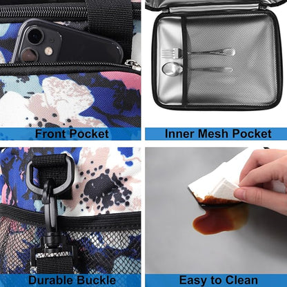 Lunch Bags for Women/Men, Insulated Lunch Bag for Work Office - Lunch Cooler Bag Leakproof Lunch Box with Adjustable Shoulder Strap - Ink foral