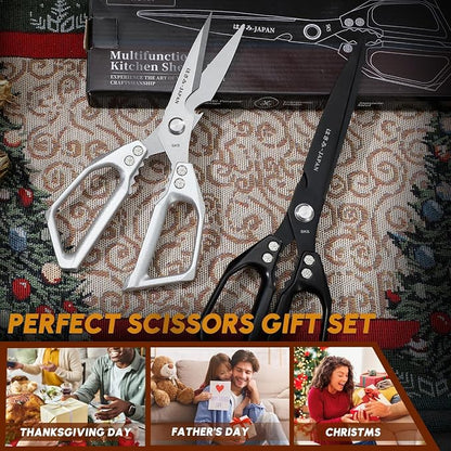 Huusk Kitchen Shears Set, Japanese Stainless Steel Scissors for Food | Upgraded Heavy Duty Design, Sharp Meat Scissors for Fish, Chicken Bones, Turkey, Ergonomic Handles, Gifts for Women