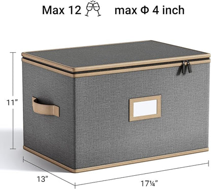 Wine Glass Storage Box with Dividers, Quilted Hard Shell Organizer for Stemware and Glassware Sets, Ideal for Storage and Moving Supplies, 1-Pack, Grey