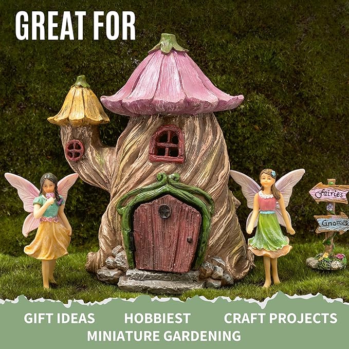 PRETMANNS Fairy House Kit - Fairy Garden Accessories for Outdoor Miniature Village Decor, with Fairies & Sign - House, 7 ‘ High & Door can Open Wide - 4 Piece Supplies