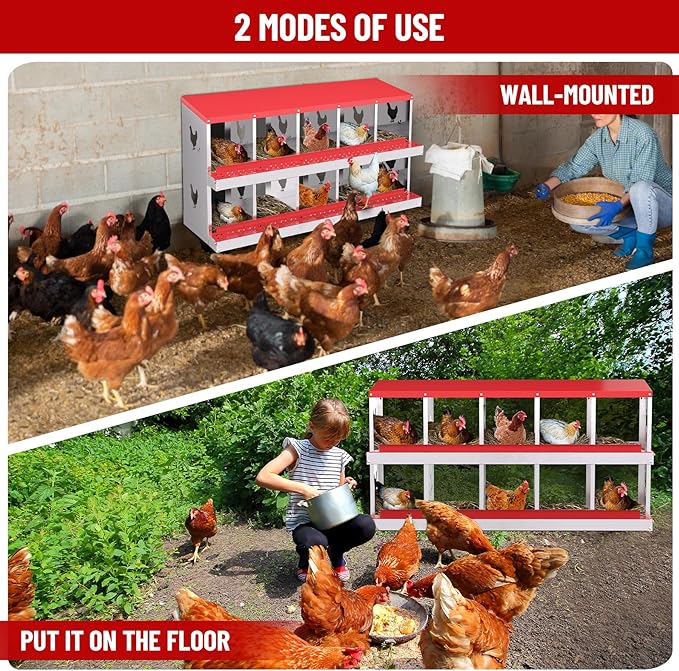 10-Compartment Metal Nesting Box for Chickens, 0.7mm Galvanized Steel Laying Box with Roll-Away Egg Collection, Perch & Lid, Wall Mount or Freestanding (Red)