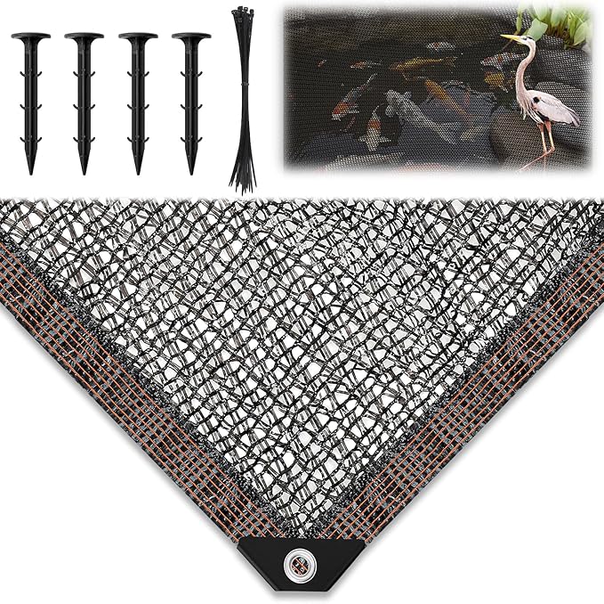 Koi Pond Netting Kit 15 x 20ft, Heavy-Duty Pe, Bird Deer Fence Netting, Durable Net Cover for Leaves, Protect Fish from Blue Heron Bird, Cats & Predators, Stakes & Ties Included