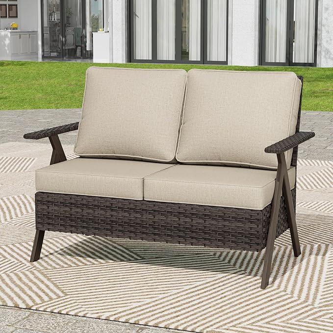 Patio Loveseat, All-Weather Wicker Rattan 2 Seater Sofa with Cushions, Outdoor Patio Furniture Sofa Set for Patio, Balcony, Backyard, Deck, Poolside