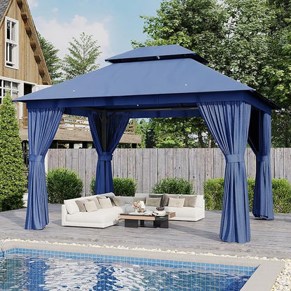 AOXUN Outdoor Gazebo for Patio 10x12, Metal Frame Canopy with Double Roofs, Heavy Duty Party Tent and Shelter with Mosquito Netting and Privacy Screen for Backyard, Lawn, Garden, Deck