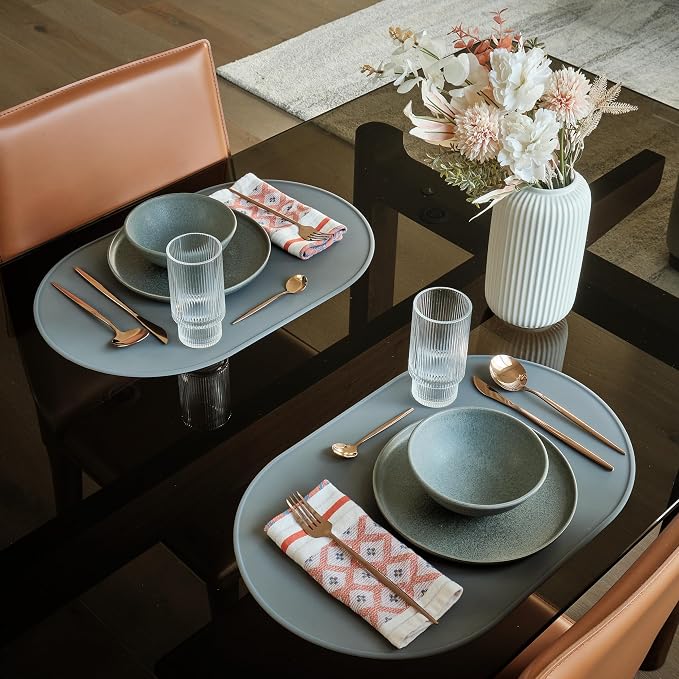LINE+ARC Oval Silicone Degrē Placemats, Chalk (20.5"x13", Set of 2) | Modern dining table mats with 3mm raised spill rim, waterproof, heat-safe, stain-resistant, non-slip design, white