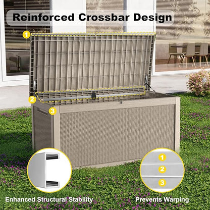 320 Gallon Waterproof Outdoor Storage Box, UV Resistant Resin Deck Box with Hydraulic Rod for Reinforced Stability, Perfect for Patio, Garden, and Pool, Grey