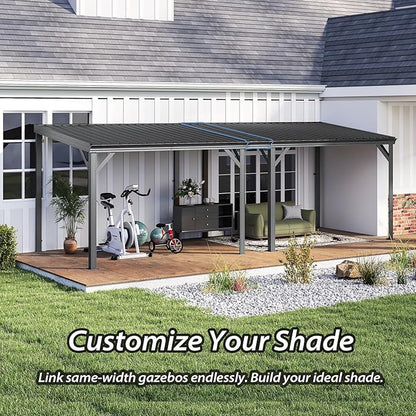 Domi 8'x8' Lean to Gazebo Hardtop, Expandable Wall Mounted Pergola with Gutters & Galvanized Steel Roof, 60MPH Wind Resistance, Outdoor Metal Heavy Duty Metal Awning for Patio, Deck, Backyard - Grey