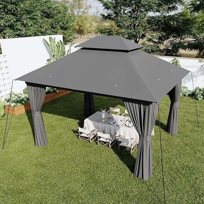 AOXUN Outdoor Gazebo for Patio 10x12, Metal Frame Canopy with Double Roofs, Heavy Duty Party Tent and Shelter with Mosquito Netting and Privacy Screen for Backyard, Lawn, Garden, Deck